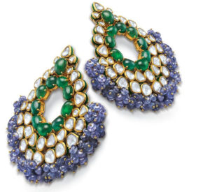 Jadau earrings from The House Of Gold; crafted using emerald cabochons, uncut diamonds and tanzanite beads set in 22K yellow gold