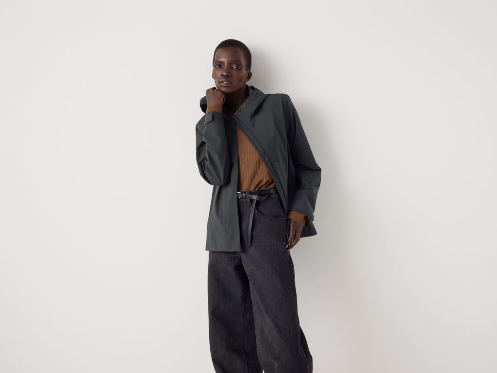 UNIQLO Women BLOCKTECH parka paired with merino blend ribbed oversized crew neck long sleeve sweater and high rise wide straight jeans
