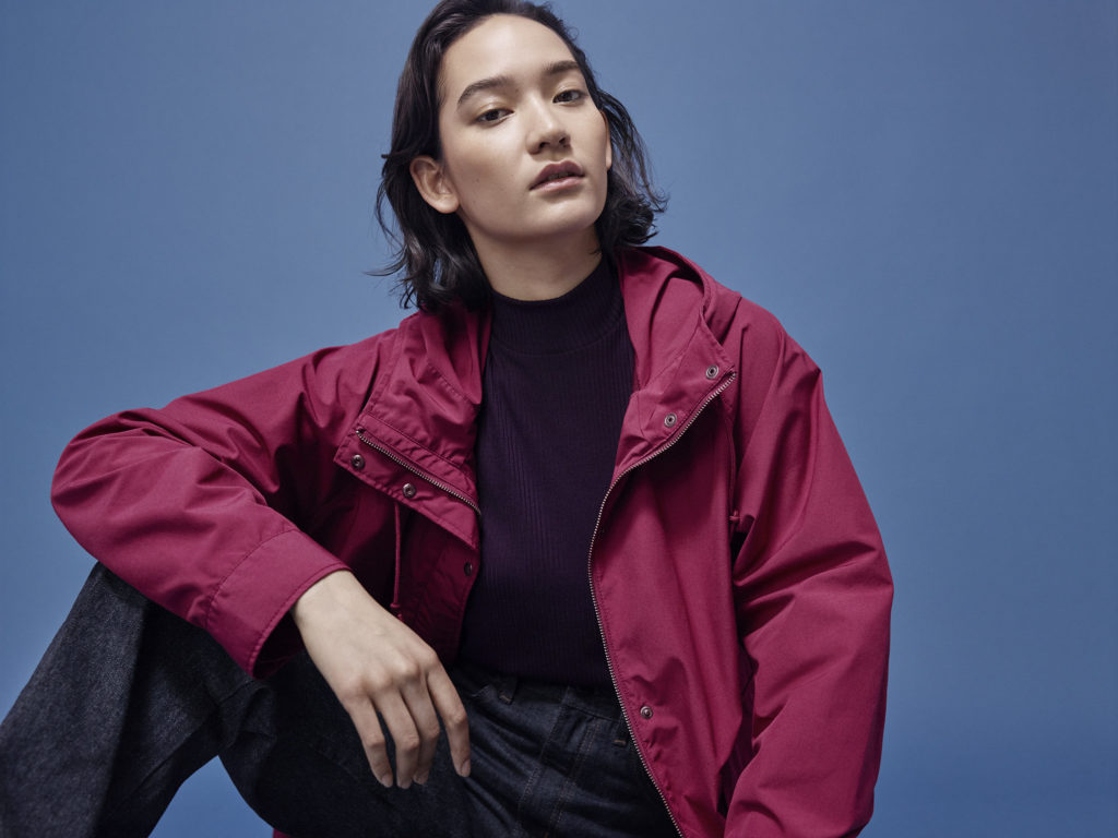 UNIQLO Women Oversized parka paired with ribbed high neck long sleeve T-shirt and high rise wide straight jeans